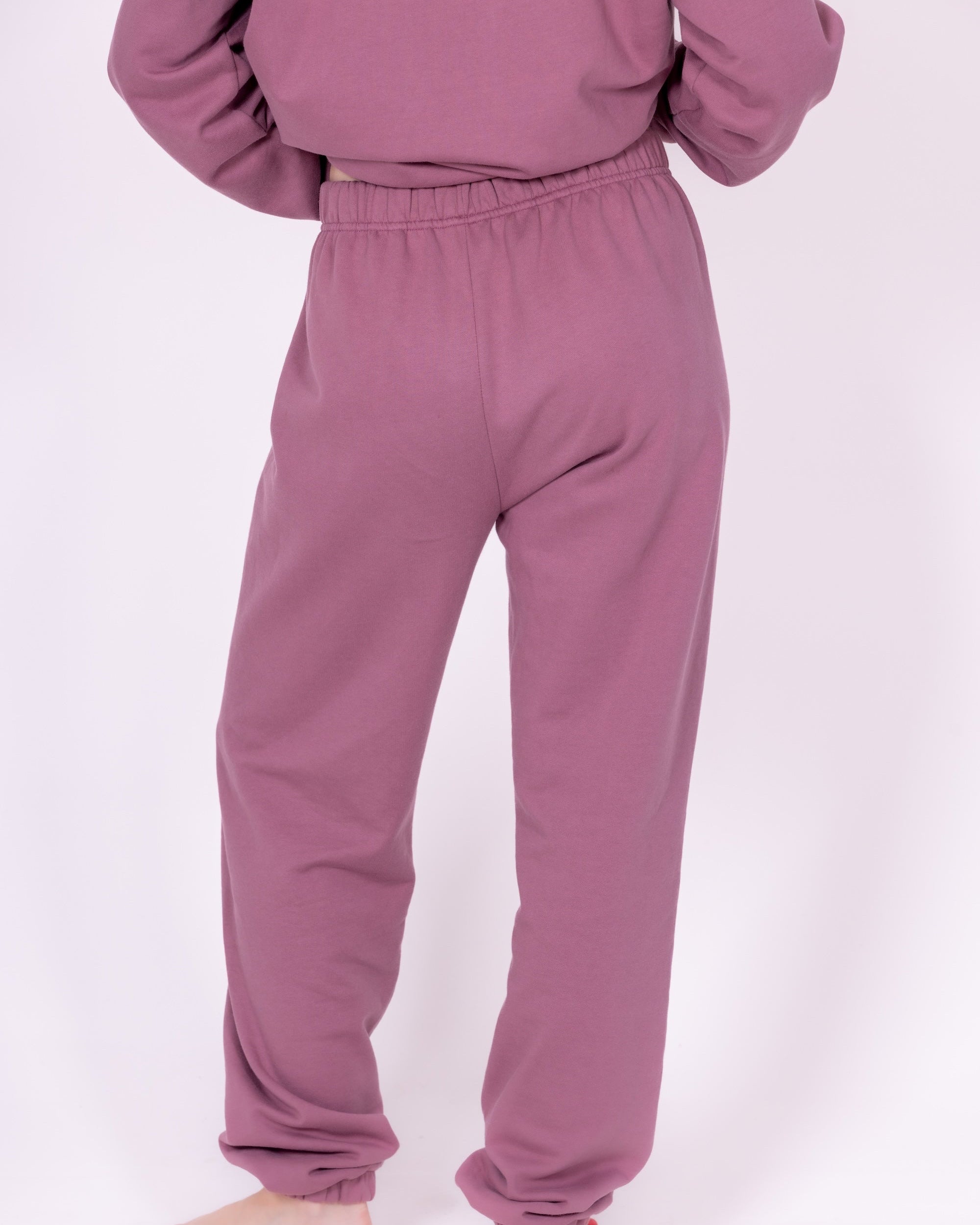 Person wearing a matching purple sweatshirt and pants on a white background